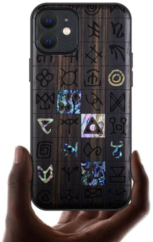 Carveit Coque Magnétique pour iPhone 12 Étui de TPU, Gravure en Bois et Incrustation de Coquille Cover Compatible Magsafe avec 12 Coque (Bois Sombre-Runes mystiques)