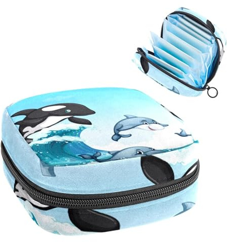 RODAILYCAY Aufbewahrungstasche für Sanitär, Stilleinlagen-Halter, Reißverschluss, Menstruationstaschen, Delfine, schwimmen im Ozean, weibliche Menstruationspads, Tampon-Organizer