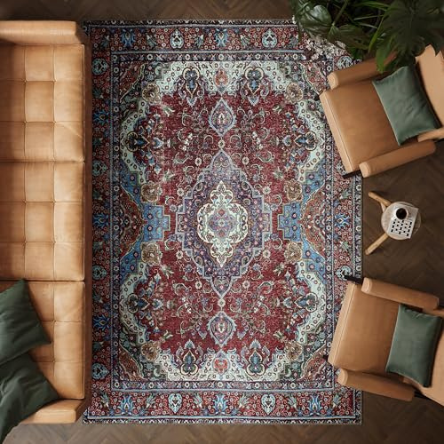 artyrugs Machine Washable Rug, 200x290cm, 75% Recycled Cotton, Short Pile, Non-Slip Backing, Non-Shedding, Suitable for Living Room, Bedroom, Kitchen, Hallway, Office, Burgundy Red & Blue