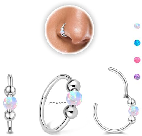 Thiswhyimbeauty 2PCS 18g Opal Nose Rings for Women Nose Hoops 8mm/10mm Hypoallergenic 316L Surgical Steel Nose Rings Piercing Jewelry Can Be Used as a Nose Ring, Septum Ring, and Cartilage Earring