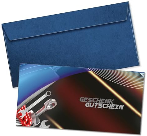 GESCHENKGUTSCHEINcom by POS-HAUER. Gutschein-Set. 25x Gutschein + Kuvert. Für Autoreparaturen Werkstätten zum selbst Ausfüllen.