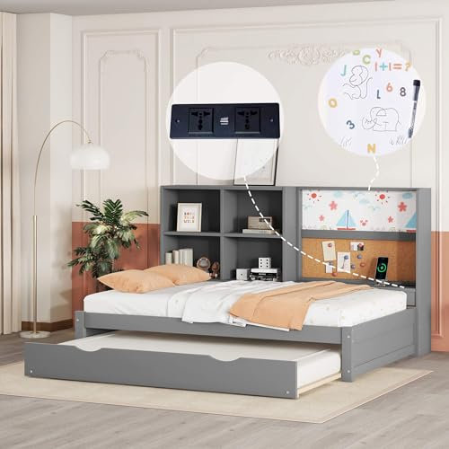 YCYDHDM Kinderbett Schlafcouch 90 x 200 cm mit Ausziehbarem Bett und Offenes Ablagefach, Holzbett Einzelbett mit Lattenrost und Zeichenbrett, Funktionsbett für Jungen und Mädchen, Ohne Matratze, Grau