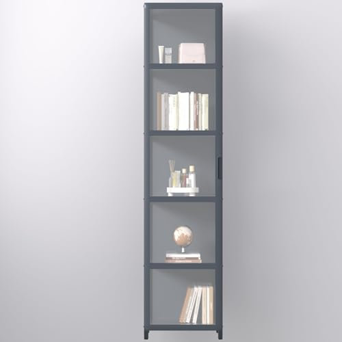 Glasvitrine für Sammlerstücke, Wohnzimmer, Bücherregal mit Schranktüren, Doppeltür-Design, transparente Seiten, starke Tragfähigkeit, 42 × 33 × 161 cm, Grau