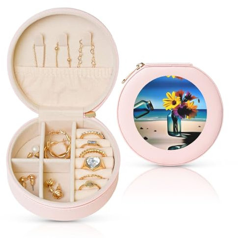 Vase en verre avec fleurs - Boîte à bijoux de voyage - Pour femme - Pour collier, boucles d'oreilles, bagues et accessoires - Rond - Rose