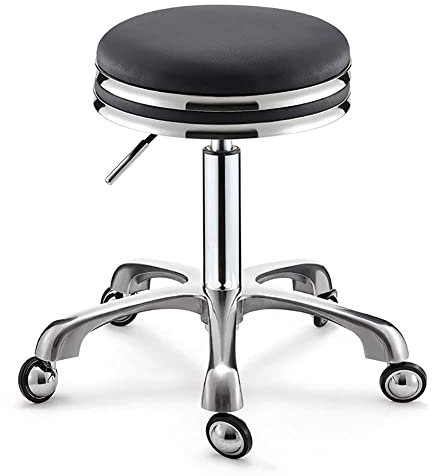 Drehbarer Rollhocker, rund, mit 5 Rollen, PU-Leder, höhenverstellbar, 42 – 51 cm, ohne Rückenlehne, 360 ° drehbar, rutschfest, für Büro, Computer, Lounge, Schönheitssalon, Friseur (Schwarz3)