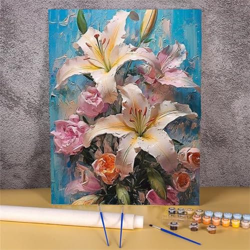Peinture Numero Adulte,Lys blancs DIY Acryliques Peinture par Numéros pour Débutants,Fleurs Creatif Toile Peinture à l'huile pour Décoration de la Maison,avec Cadre 40x50cm