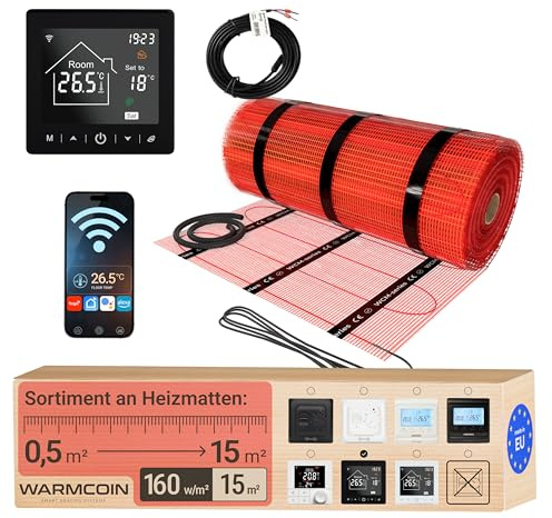 Elektrische Fußbodenheizung Set 15 m²: WLAN-Thermostat, Elektro-Heizmatte | Touchscreen, smarte App & WiFi, Bodenfühler; Flächenheizung 160 W/m², selbstklebend; für Marmor & Granit