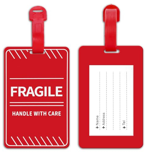MEDMAX Paquete de 2 etiquetas de equipaje frágiles con tarjeta de identificación de nombre, asa con etiqueta de viaje para maleta o bolsas, fácil de detectar