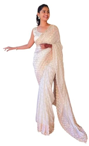 KULIA® Designer-Sari mit ungenähter Bluse – Georgette in Creme – Hochzeitsgeschenk