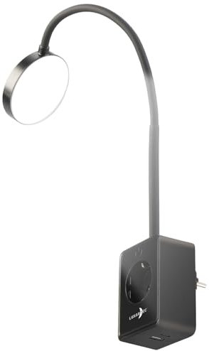 Lunartec Steckerlampe: Dimmbare CCT-LED-Steckerleuchte mit Steckdose, USB-A/C-Port, schwarz (Steckdosenleuchte Schwanenhals, Leselampe Bett mit USB Ladestation, iPhone Ladekabel)