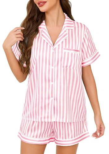 Lovasy Pigiama Donna Estivo in Raso con Bottoni Davanti Corto Seta Spalline Bianco Nero Blu Pigiami Donna Seta Corto Set,B-Rosa/Righe,M