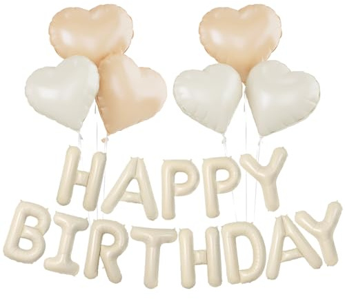 Happy Birthday Ballons,Beige Happy Birthday Banner,16 Zoll Cremeweiß Happy Birthday Buchstaben Folienballon, Happy Birthday ballon mit Herz Folienballon，Banner ballon Deko für Geburtstag Party