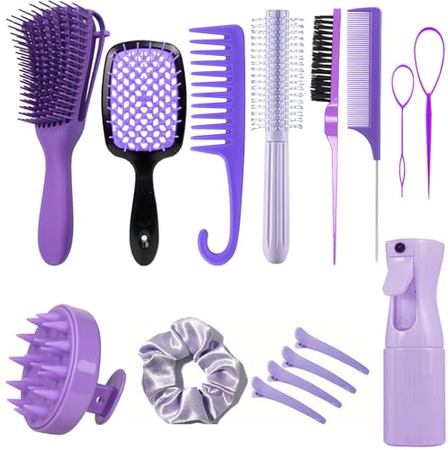 FREECOZYER Hair Brush Set, 15 Pcs Comb Tools with Spray Bottle, Edges Comb, Curly Hair Brush, Round Brush, Scalp Brush And Hair Clips,Hair Care Styling Tools (Purple)
