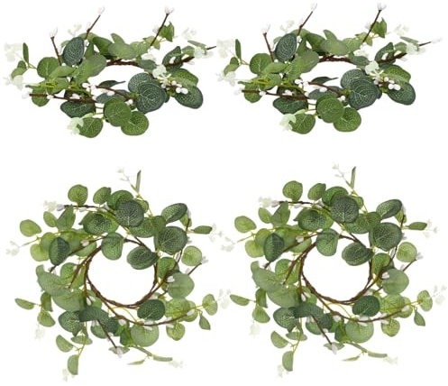 EXAOMBLE 4 Stück Kerzenringe Aus Künstlichem Eukalyptus 8cm Blumenkränze Tischdeko Für Familienfeiern Valentinstag Hochzeiten