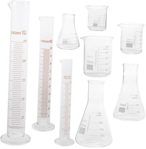 Garneck 9pcs Laboratory Glassware Set Includes Beakers Graduated Cylinders and Conical Flasks Reusable for Chemistry Experiments and School Labs