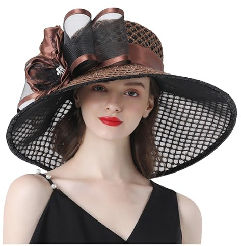 Generisch 2025 Damen-Kirchenhut mit breiter Krempe, Sonnenhüte für Hochzeit, Teeparty, Fascinator-Hut Sonnenhut Stoff (Coffee, L)