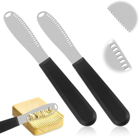 Nogeqi 2 Pcs Butter Spreader Knife, Butter Knives with Holes, 3 In 1 Stainless Steel Spreader Knife for Kitchen Restaurant Cream Cheese Jam, Bagels, Sandwiches (Black Handle)