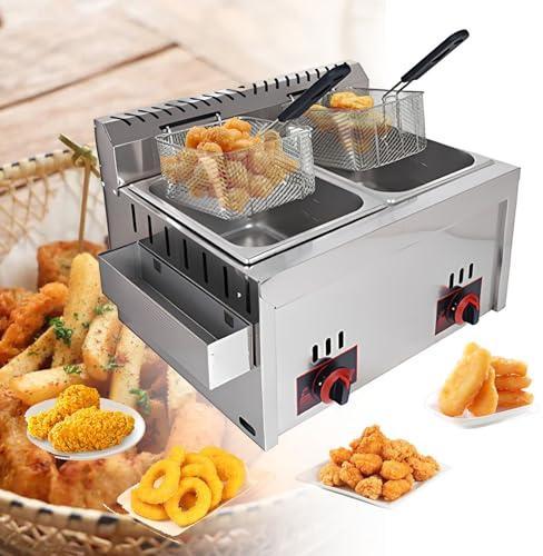 Friteuse commerciale à gaz GPL – Friteuse au propane en acier inoxydable avec panier et couvercle pour frites – Idéale pour la cuisine et le restaurant
