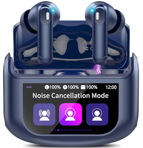 Touchscreen Bluetooth Kopfhörer, 2025 In Ear Kopfhörer Kabellos Bluetooth 5.4 mit ANC+ENC Noise Cancelling Mic, 48Std Spielzeit Tiefer Bass Earbuds mit 5 EQ-Modi/IPX7 Wasserdicht Ohrhörer, USB-C Blau