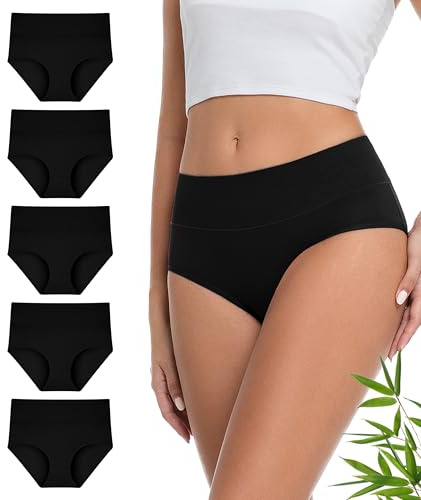YESWEL Underwear Women Bamboo Pants for Ladies Multipack, High Waist Knickers Tummy Support, Soft Panties Full Coverage Briefs (Black, XL, 16, 5 Pack)