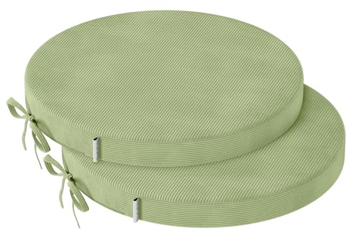 PRIMEPATIO Round Dining Chair Seat Cushions Set Of 2, 40x40cm, Green | 5cm Thick Round Bistro Seat Pads With Ties, Slip Resistant Cushions For Kitchen, Garden, Bar Stools and Indoor Outdoor Use