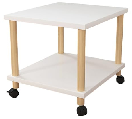 Chariot de rangement à roulettes en bois pour imprimante – 2 niveaux avec roulettes verrouillables pour bureau, cuisine, chambre à coucher – Design compact et peu encombrant (naturel et blanc)