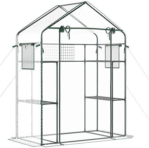 Outdoor Walk in Mini Greenhouse with Mesh Door Windows, Small Portable Garden Green House with 3 Tiers 6 Shelves, Trellis, Plant Labels
