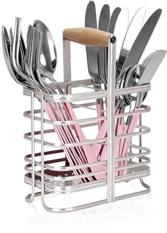 AVEKI Stainless Steel Flatware Set, 30 Pieces Cutlery Set with Utensil Holder&Handle, Silverware Cutlery Set for 6 Person, Mirror Polished Tableware Set for Home,Kitchen,Restaurant (30PC-Pink Silver)