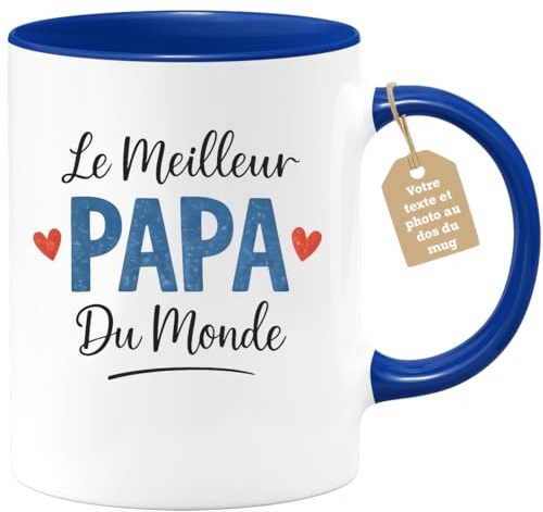 quotedazur Café-Croissant - Mug Personnalisé Papa Texte Photo - Tasse Fête Des Pères Le Meilleur Papa Du Monde - Cadeau Drôle Papounet - Bleu/céramique
