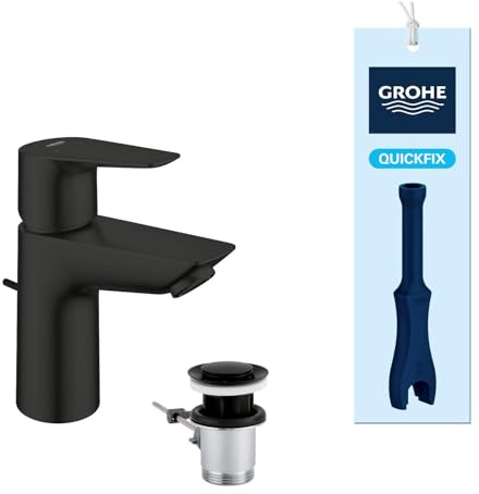 GROHE StartEdge, Waschtischarmatur, wassersparend (Wasserhahn für das Bad, 15cm hoch, Badarmatur mit Zugstangen-Ablauf, 3in1 Werkzeug, einfache Installation am Waschbecken), mattschwarz, 233422431