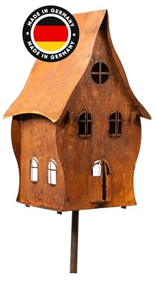 RustiCraft® Hexenhaus auf Stab (20x20x45cm) – wetterfest – Vogelhaus aus Metall im Rostdesign – mit von innen herausdrückbaren Fenstern & Türen – ideal als Futterstelle oder Deko – Handarbeit aus DE