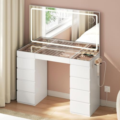 WOLTU sminkbord med belysning, glasskiva och spegel, sminkbord med 11 lådor, smyckesfack, eluttag och hårtorkshållare, för sovrum, vit