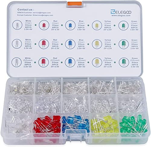 ELEGOO LED Diodes Kit 600pcs Assorted 3mm & 5mm Diffused and Clear | Round LED Bulb Lamp Components in 5 Colors (Red, Blue, Yellow, Green, White) for Arduino, Electronics