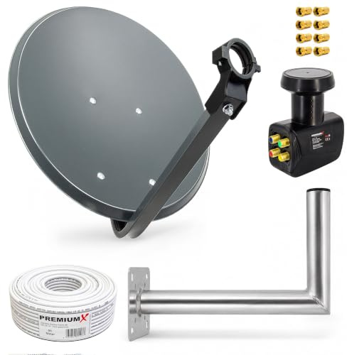 PremiumX Satelliten-Komplettanlage 80cm Antenne Anthrazit Quad LNB 50m Kabel 8X F-Stecker Wandhalter 45cm, SAT bis 4 Teilnehmer