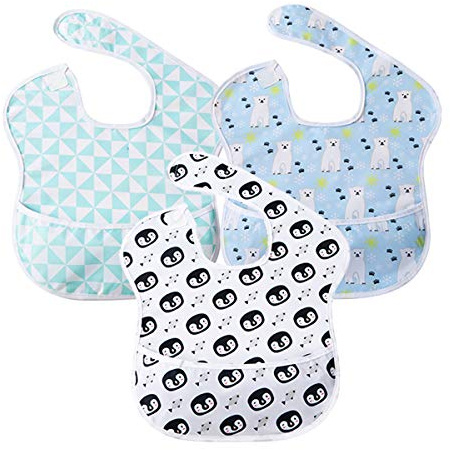 Little Dimsum Lätzchen Wasserdichte Schürze mit Eingebaute Tasche für Babys/Kleinkinder (Pinguin & Bär & Dreieck)