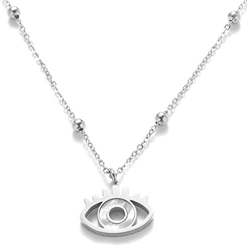 Kim Johanson Edelstahl Damen Halskette *Auge* in Silber mit echtem Perlmutt Travel Boho Schmuck Kette verstellbar inkl. Schmuckbeutel