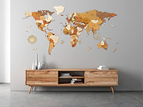 68travel Mappa del mondo in legno per la decorazione delle pareti - Legno tinto multicolore, multistrato, nomi incisi - effetto 3D unico - per soggiorno, ufficio XL (200x100 cm) - Traveler