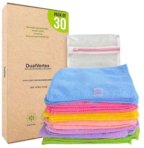 DualVertex 30 mikrofiber tvättbar, återanvändbar, torr, doftfri babyvåtservetter - Tygdukar med tvättpåse | Idealisk för hand, ansikte | Bra för rengöring och sminkborttagare