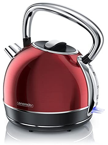 Arendo - Wasserkocher Retro Edelstahl Teekessel im Vintage Style - max. 2200 Watt - austauschbarer Kalkfilter - Füllmenge max. 1.7 Liter - automatische Abschaltung - Rot - GS