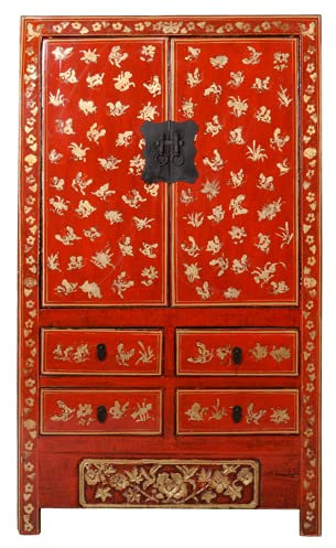 Fine Asianliving Armario de Boda Chino Antiguo Pintado a Mano de Oro Rojo An107xP50xAl186cm Armario Chino Mueble de TV Chino Armario de Boda Aparador Cómodas Chinas orientales