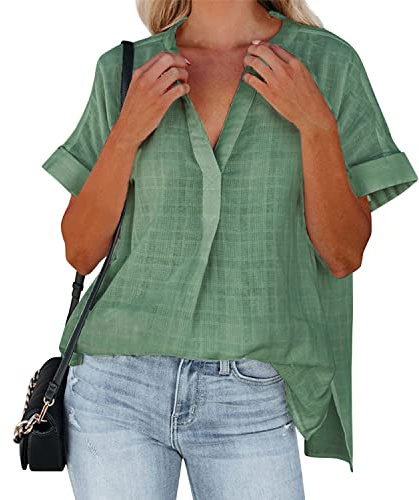 Petalum Chemise Femme Ample Eté Chic Chemisier à Manche Courte en Mousseline de Soie Casual Top Tunique Respirant Léger Haut Blouse Elégant Imprimé Rayure Carreaux Col V Travail
