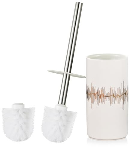GERUIKE Klobürste Keramik Toilettenbürste mit Stehen Klobürstenhalter WC Bürstengarnitur enthält 2 Weiße WC Bürstenkopf und Toilettenbürstenhalter aus Keramik Weiß & Gold