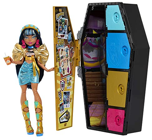 Monster High HKY63 - Puppe und Modeset, Cleo De Nile mit Spind und über 19 Zubehörteilen, Skulltimate Secrets, Puppen Spielzeug für Kinder ab 4 Jahren