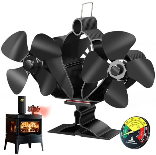 Ourhom Wood Stove Fan, Fireplace Fan with Magnetic Thermometer & Bracket, 8 Blades Heat Powered Fan, Silent Motors, Horizontal Air Flow for Wood/Pellet Fireplaces (Black-Fan+Thermometer)
