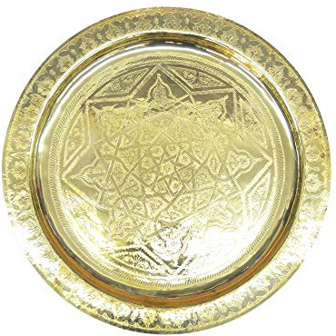 Bandeja Redonda marroquí martillada Totalmente a Mano de latón Dorado o Plateado según Modelo y Medida (40_cm, Dorado)