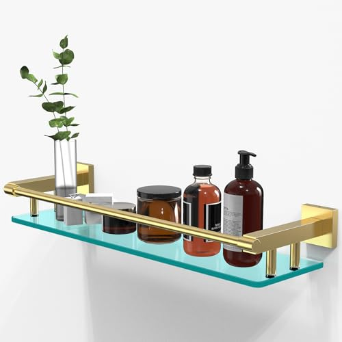 SFGSOWOR Glashylla badrumshyllor för vägg flytande duschhylla 53 cm rektangulära hållare fästen rostfritt stål härdat glas modern toalettförvaring stativ monteringstillbehör (borstat guld)