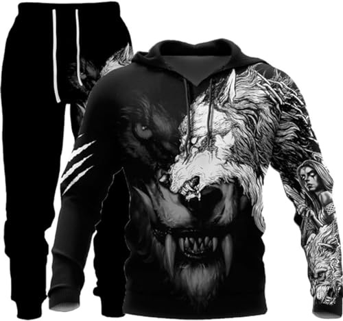 Tuta da jogging 3D da uomo, con cappuccio e pantaloni, Lupo -11, S