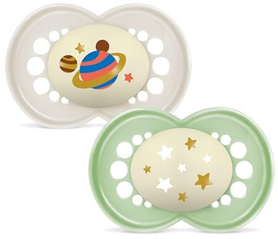MAM Original Night Succhietto 16+ Mesi (Set da 2), Ciuccio MAM 16 36 mesi silicone e ortodontico che si illumina al buio, Kit da 2 accessori neonato con porta ciuccio sterilizzatore, Neutro/Verde