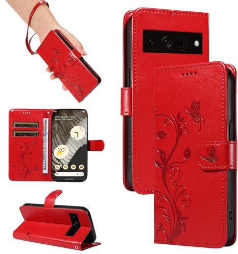 SRISHP Hülle für Google Pixel 7 Pro Handyhülle, Rot | Premium PU Leder, Handyhülle Mit Band, Magnet Flip Case, Kartenfächer, Ständer Klappbar Tasche, Standfunktion Schutzhülle