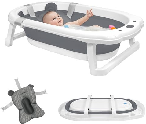 SUBTLETY 82x50x22cm Faltbare Baby Badewanne Platzsparend Badewannensitze mit Badekissen & Anti-Rutsch Gestell Kunststoff Kinderbadewanne Babywanne für 0-24 Monaten Neugeborene, Babys (Grau)